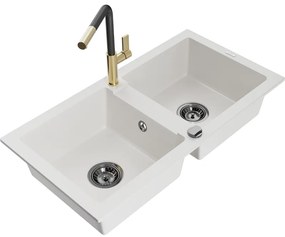 Mexen Mario, 2-komorový granitový drez 820x436x161 mm a drezová batéria Flora, biela, 6504-20-670401-57-B