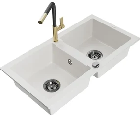 Mexen Mario, 2-komorový granitový drez 820x436x161 mm a drezová batéria Flora, biela, 6504-20-670401-57-B
