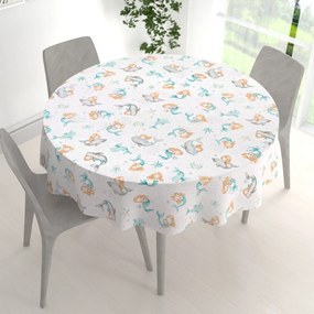 Biante Detský bavlnený okrúhly obrus Sandra SA-691 Modrozelené morské panny s delfínmi a veľrybami na bielom Ø 150 cm