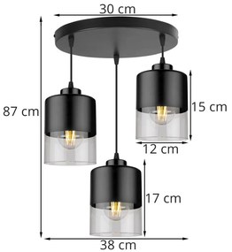 Závesné svietidlo Roma, 3x čierne/transparentné sklenené tienidlo, o
