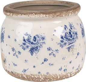 Béžový keramický obal na kvetináč s modrými ružami Blue Rose - Ø 12*10 cm