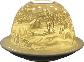 Biely porcelánový svietnik na čajovú sviečku s vianočnou dedinkou Paollo - Ø 12 * 8 cm
