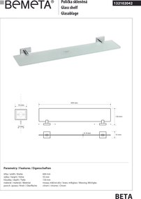 Bemeta Design BETA: Polička, 600 mm, sklo - 132102042