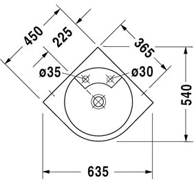 DURAVIT Architec rohové závesné umývadlo s otvorom, bez prepadu, 635 mm x 540 mm, 0448450000