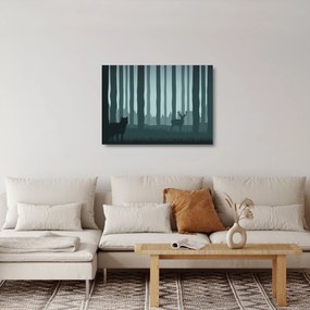 Sklenený obraz - Jeleň s vlkom v skalách (70x50 cm)