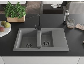 Mexen Gaspar, granitový drez 737x475x177 mm, 1,5-komorový a čierna batéria Rita, šedá, 6507-71-670300-70-B