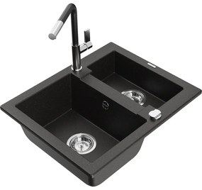 Mexen Carlos, 1,5-komorový granitový drez 582x475x177 mm a drezová batéria Flora, čierna-zlatá metalíza, 6518-75-670401-07