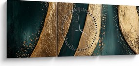 Obraz - Zelená abstrakcia so zlatom I. (s hodinami) (90x30 cm)