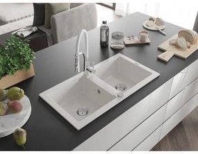 Mexen Mario, granitový drez 820x436x161 mm, 2-komorový a drezová batéria Aster, biela, 6504-20-73450-02