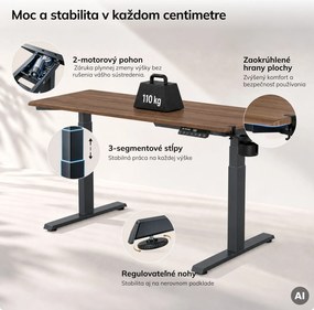 Elektrický stôl s reguláciou výšky ergonomický antracitový/orech,1400x700 mm: ARIA