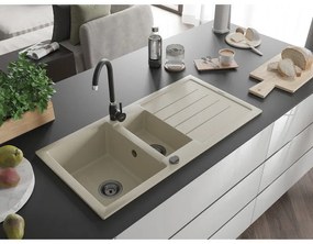 Mexen Andres, granitový drez 1000x500x200 mm, 1,5-komorový, béžová s čiernym sifónom a čierna drezová batéria Telma, 6515-69-670200-70
