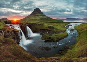 Sklenený obraz - Kirkjufell pri západe slnka (70x50 cm)