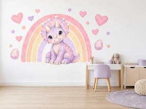 Levanduľový triceratops pod dúhou dinosaurie akvarelové nálepky na stenu pre dievčatká arch 46 x 34 cm