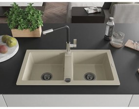 Mexen Mario, 2-komorový granitový drez 820x436x161 mm a drezová batéria Flora, béžová, 6504-69-670401-07-B