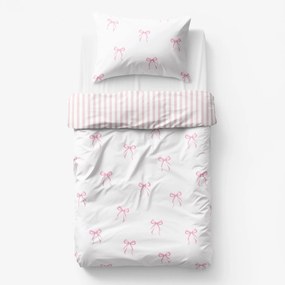 Goldea detské bavlnené obliečky - ružové mašličky s prúžkami 150 x 200 a 50 x 60 cm
