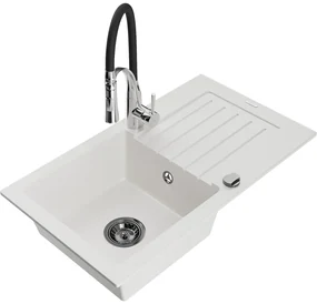 Mexen Pablo, 1-komorový granitový drez 752x436x161 mm a drezová batéria Aster, biela, 6510-20-73450-07-B