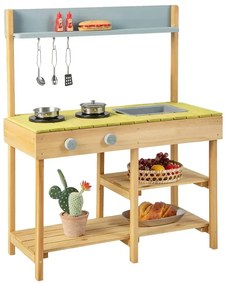 Drevená vonkajšia kuchynka robustná detská kuchynka na hranie s 3 hákmi 2 variče odnímateľná nádoba na vodu príroda
