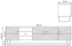 RTV skrinka Asha 200 cm ryhovaná - kašmír / kašmírový kovový rám