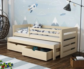 Detská posteľ z masívu borovice JOLANA s prístelkou a šuplíkmi - 200x90 cm - PRÍRODNÁ BOROVICA