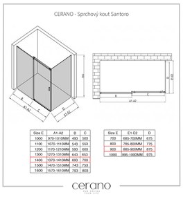 CERANO - Sprchovací kút Santoro Ľ/P - 8 mm - čierna matná, grafitové sklo - 140x90 cm - posuvný, CER-CER-8050BD7308