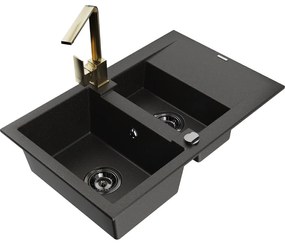Mexen Gaspar, granitový drez 737x475x177 mm, 1,5-komorový a zlatá batéria Rita, čierna-zlatá metalíza, 6507-75-670300-50-B