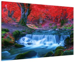 Obraz vodopádu v červenom lese (90x60 cm)