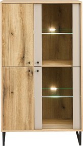 Vitrínová skrinka Cube, dub evoke / pieskovo šedá, s osvetlením