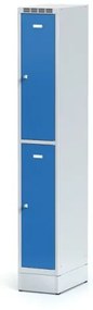 Alfa 3 Kovová šatníková skrinka na sokli s úložnými boxami, 2 boxy, modré dvere, cylindrický zámok