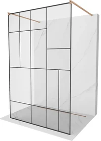 Mexen Kioto, sprchová zástena Walk-In 110 x 200 cm, 8mm sklo čierny vzor, medený matný profil, 800-110-002-65-78