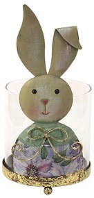 Sklenený svietnik na čajovku s králičou slečnou - 11*10*22 cm