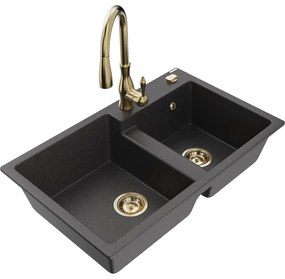 Mexen Tomas, granitový drez 800x500x190 mm, 2-komorový a drezová batéria Savita, čierna škvrnitá, 6516-76-672601-50