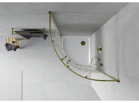 Mexen Rio, štvrťkruhový sprchovací kút s posuvnými dverami 80(dvere) x 80(dvere) x 190 cm, 6mm číre sklo s pásikmi, zlatý profil + biela sprchová vanička SLIM, 863-080-080-50-20-4110G