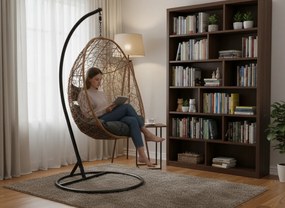 CH PRÍRODNÉ ZÁVESNÉ KRESLO, VANKÚŠ – TMAVOŠEDÁ, RÁM – ČIERNA 115 X 90 X 67 CM