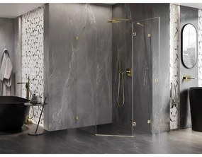 Mexen Lunar, pravý výklopný päťuholníkový sprchový kút 90 x 100 cm, 8mm číre sklo, zlatý matný profil, 831-090P-100L-55-00-P