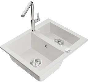 Mexen Carlos, 1,5-komorový granitový drez 582x475x177 mm a drezová batéria Flora, biela, 6518-20-670401-00
