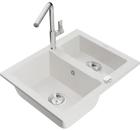 Mexen Carlos, 1,5-komorový granitový drez 582x475x177 mm a drezová batéria Flora, biela, 6518-20-670401-00