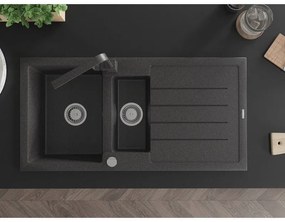 Mexen Andres, granitový drez 1000x500x200 mm, 1,5-komorový, čierna škvrtnitá s chrómovým sifónom a čierna škvrnitá drezová batéria Rita, 6515-76-670300-76