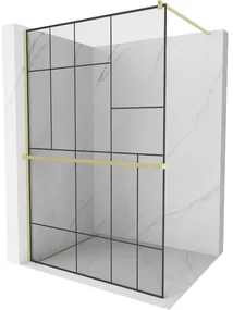 Mexen Kioto+, sprchová zástena Walk-In s poličkou a vešiakom 80 x 200 cm, 8mm číre sklo čierny vzor, zlatý matný profil, 800-080-121-55-78
