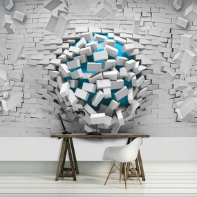 Fototapeta - 3D modrá lopta a biela tehlová stena (152,5x104 cm)
