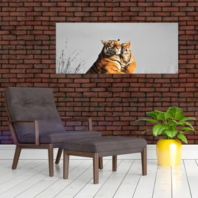 Obraz - Tigrice a jej mláďa, čiernobiely variant (120x50 cm)