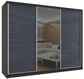 Šatníková skriňa 232 cm Belini čierny mat / šedý lesk s posuvnými dverami a zrkadlom  BM SZP4/2/B/WI/2S1L/HI