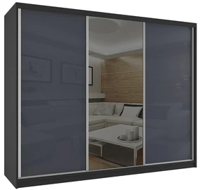 Šatníková skriňa 232 cm Belini čierny mat / šedý lesk s posuvnými dverami a zrkadlom  BM SZP4/2/B/WI/2S1L/HI