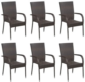 Stohovateľné vonkajšie stoličky 6 ks polyratan hnedé