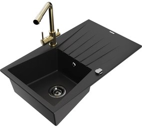 Mexen Cesar, granitový drez 775x470x190 mm, 1-komorový a zlatá batéria Duero, čierna, 6514-77-671600-50-B