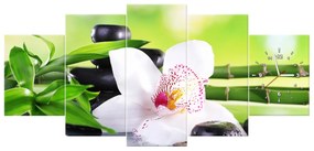 Gario Obraz s hodinami Biela orchidea a kamene - 5 dielny Rozmery: 150 x 105 cm