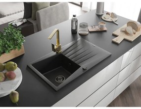 Mexen Cesar, granitový drez 775x470x190 mm, 1-komorový, čierna s čiernym sifónom a zlatá drezová batéria Rita, 6514-77-670300-50-B