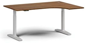 Výškovo nastaviteľný stôl, elektrický, 675-1325 mm, rohový pravý, doska 1600x1200 mm, biela podnož, orech