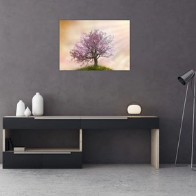 Sklenený obraz rozkvitnutého stromu na vrchole kopca (70x50 cm)