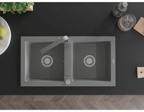 Mexen Mario, granitový drez 820x436x161 mm, 2-komorový, šedá s chrómovým sifónom a šedá drezová batéria Rita, 6504-71-670300-71