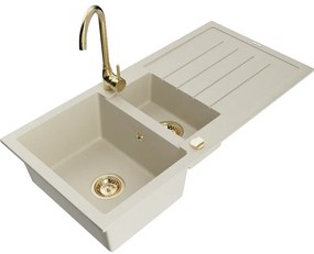 Mexen Andres, granitový drez 1000x500x200 mm, 1,5-komorový, béžová so zlatým sifónom a zlatá drezová batéria Telma, 6515-69-670200-50
